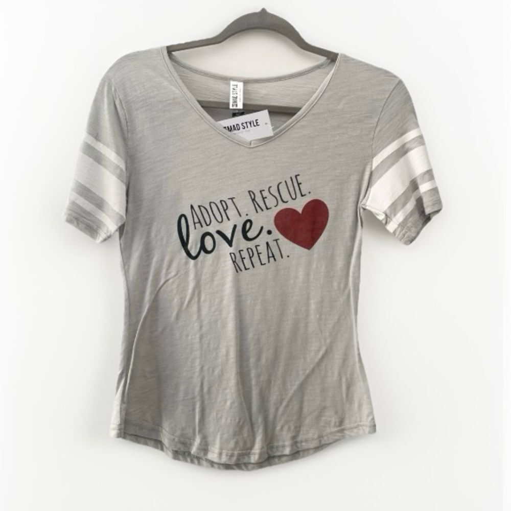 NWT Adopt Rescue Love Repeat V-Neck T-shirt Womens S Small Dog Pet Mom Tee Top